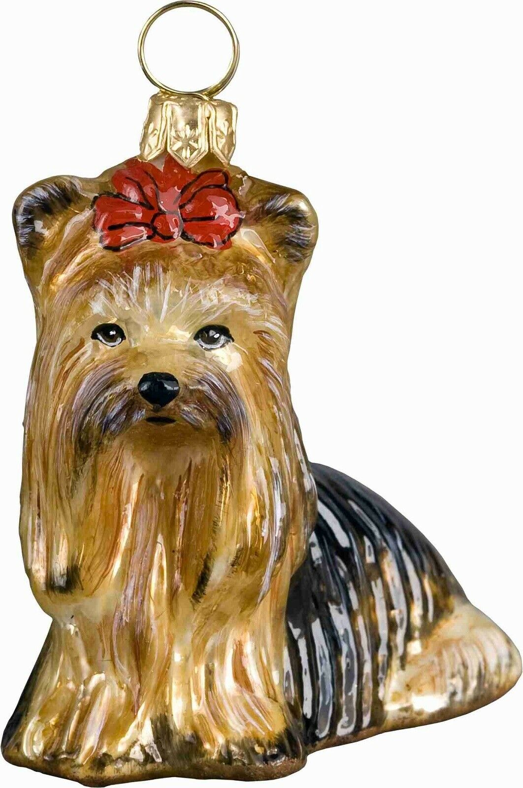 Sitting Yorkshire Terrier Dog With Bow Polish Glass Christmas Tree Ornament New