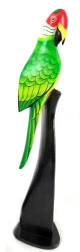 20" Wood Green Parrot Statue On Stand Carving Painting Head Art African Tropical