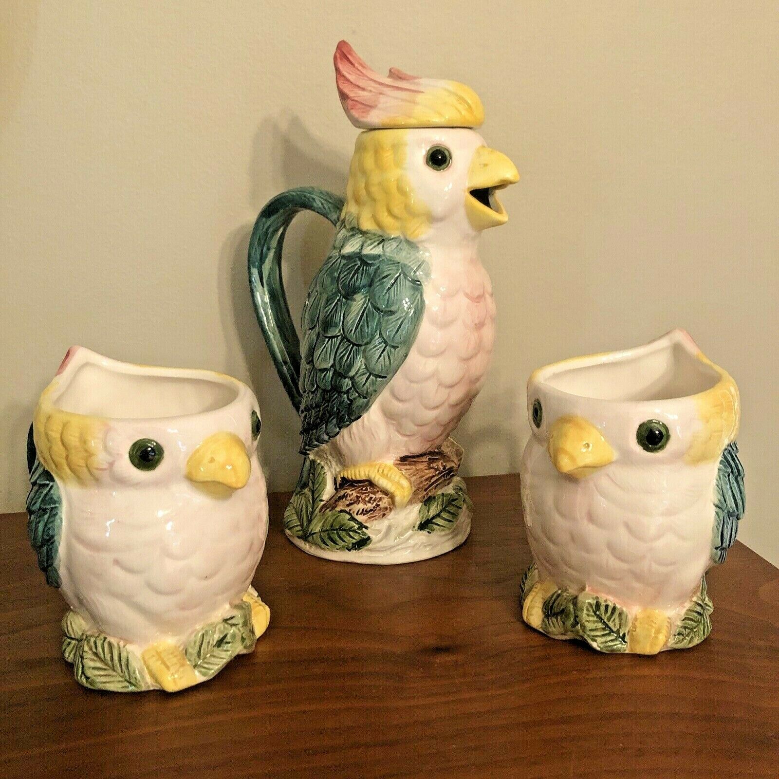 Hand Painted Parrot Teapot & 2 Cups Takahashi San Fran. Japan Import Rare Set