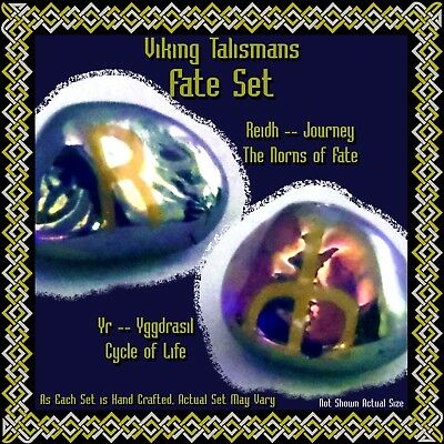 Viking Talismans: Fate Set: 2 Stones Gold Blue: Reidh Yr World Tree Yggdrasil